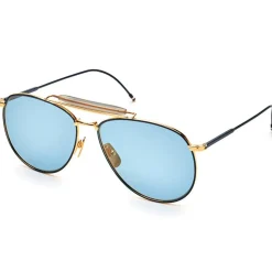 Thom Browne - Matte Navy & Yellow Gold Aviator Sunglasses - Thom Browne Eyewear - Avvenice