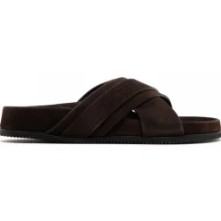 Tom Ford - Chocolate Brown Calf Suede Crossover Logo Strap Slides - Tom Ford Exclusive Luxury Collection - Avvenice