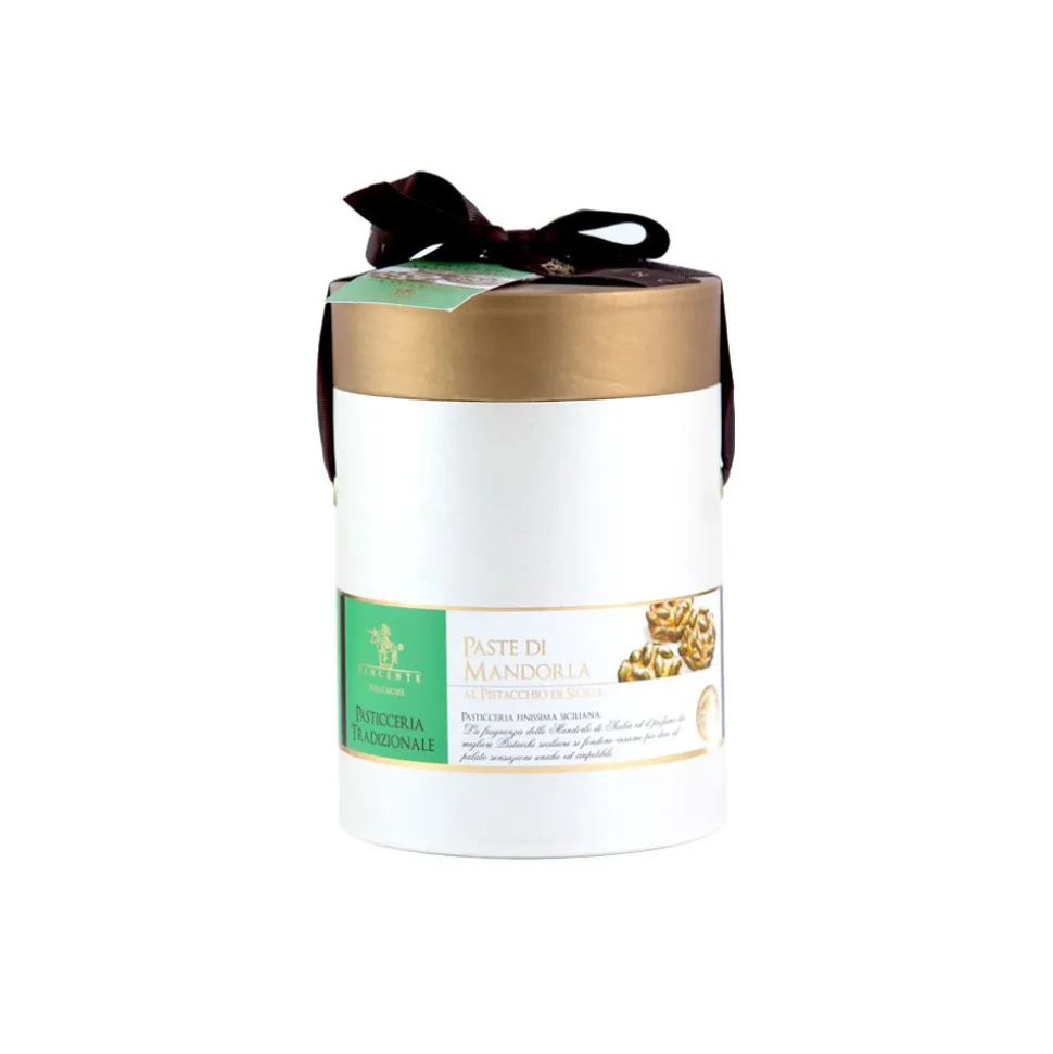 Vincente Delicacies - Almond Cookies with Sicilian Pistachios - Fine Pastry with Almonds in Cylindrical Box - Avvenice