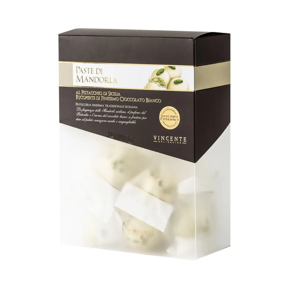 Vincente Delicacies - Almond Cookies with Sicilian Pistachios and Covered with Fine White Chocolate - Crystal Box - Avvenice