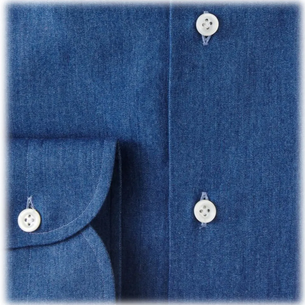 Viola Milano - 3 Classic Solid Package Button-Down Collar Shirt - Denim - Handmade in Italy - Luxury Exclusive Collection - Avvenice