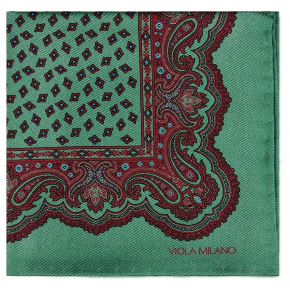 Viola Milano - Artisan Floral Printed Solid Silk Pocket Square - Green - Handmade in Italy - Luxury Exclusive Collection - Avvenice