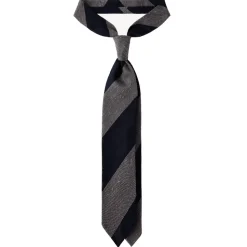 Viola Milano - Block Stripe Handrolled Woven GrenadineShantung Tie - Navy/Grey - Handmade in Italy - Luxury Exclusive Collection - Avvenice