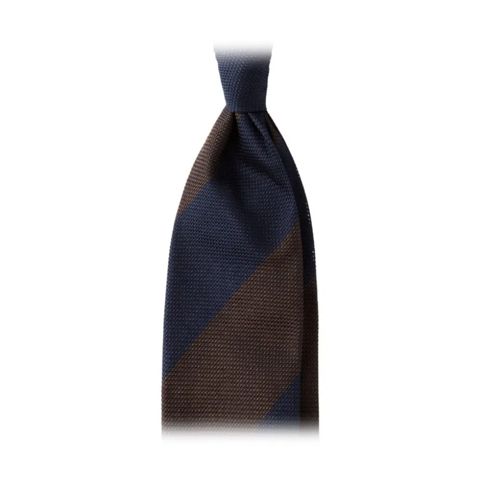 Viola Milano - Block Stripe 3-fold Grenadine Tie – Navy Brown - Made in Italy - Luxury Exclusive Collection - Avvenice