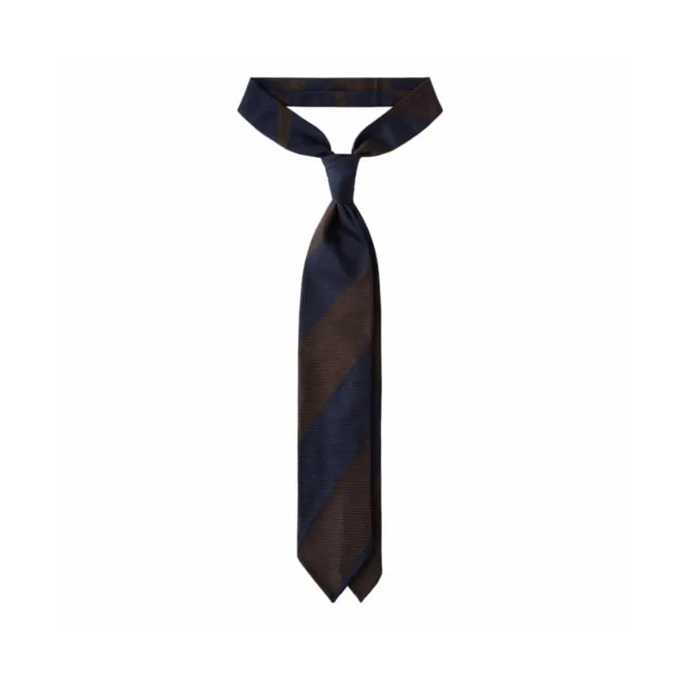 Viola Milano - Block Stripe 3-fold Grenadine Tie – Navy Brown - Made in Italy - Luxury Exclusive Collection - Avvenice