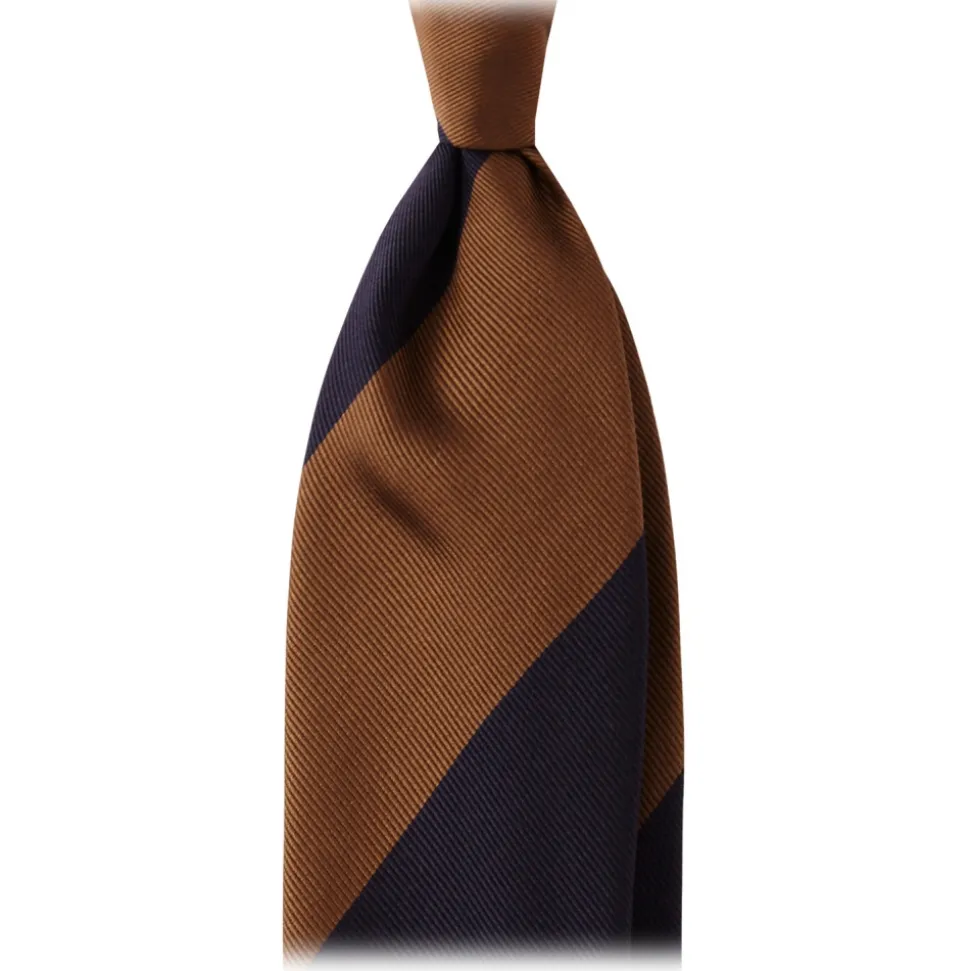Viola Milano - Block Stripe Handrolled Woven Silk Jacquard Tie - Navy/Brown - Handmade in Italy - Luxury Exclusive Collection - Avvenice