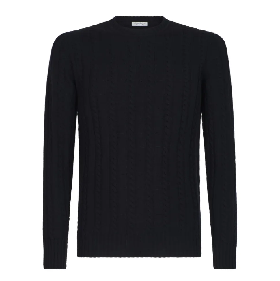 Viola Milano - Cable Knit Lambswool Sweater - Navy - Handmade in Italy - Luxury Exclusive Collection - Avvenice