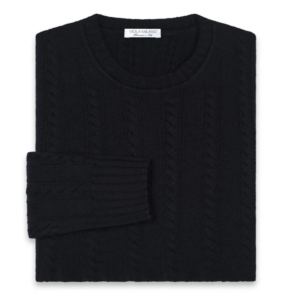 Viola Milano - Cable Knit Lambswool Sweater - Navy - Handmade in Italy - Luxury Exclusive Collection - Avvenice