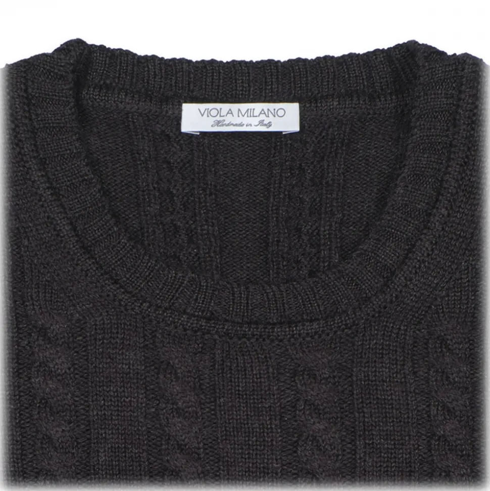 Viola Milano - Cable Knit Lambswool Sweater - Dark Grey - Handmade in Italy - Luxury Exclusive Collection - Avvenice