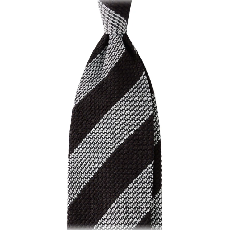 Viola Milano - Classic Stripe 3-Fold Grenadine Tie - Brown/White - Handmade in Italy - Luxury Exclusive Collection - Avvenice