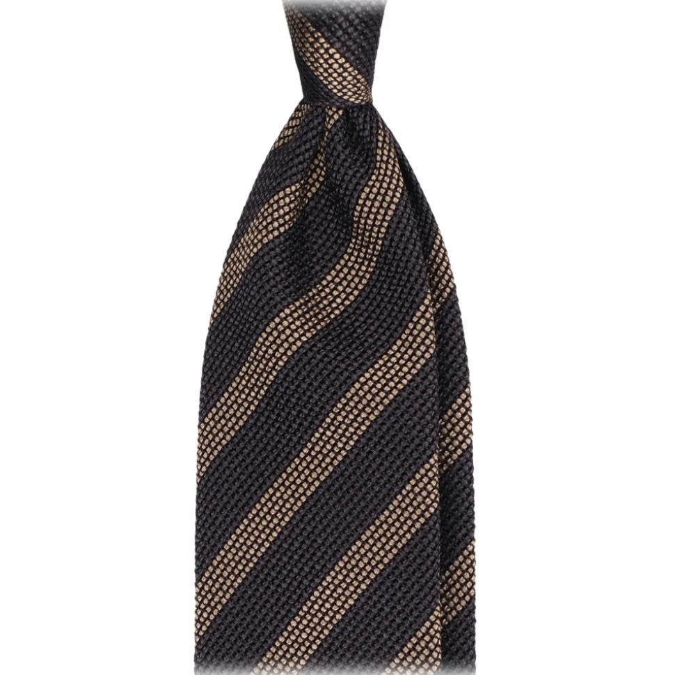 Viola Milano - Classic Stripe 3-Fold Grenadine Tie - Charcoal Navy/Taupe - Handmade in Italy - Luxury Exclusive Collection - Avvenice