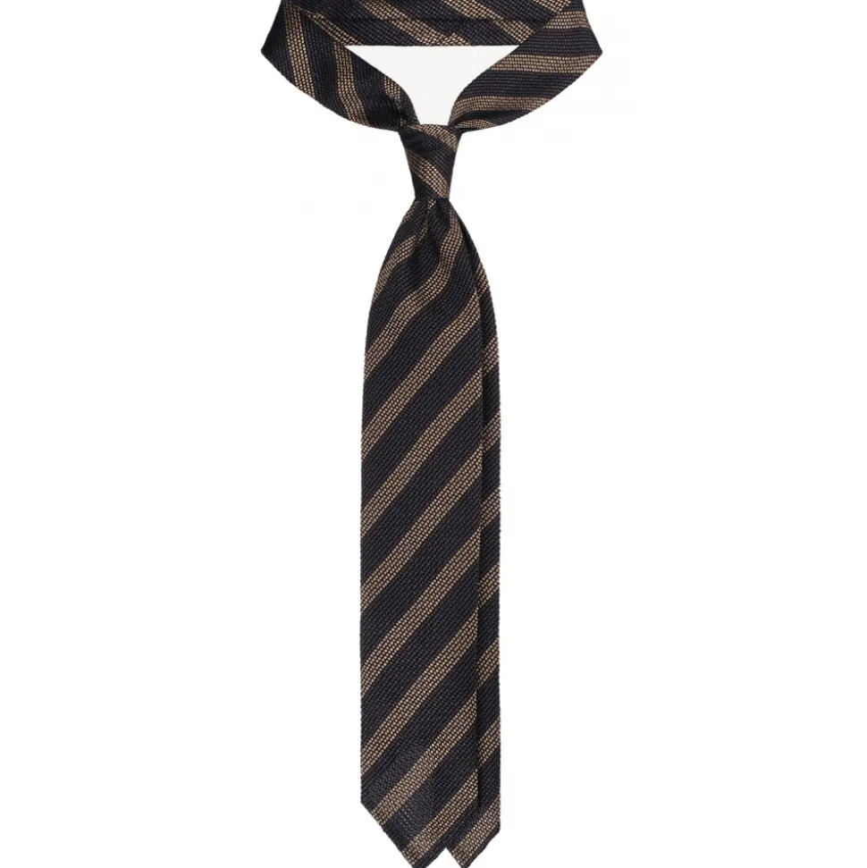 Viola Milano - Classic Stripe 3-Fold Grenadine Tie - Charcoal Navy/Taupe - Handmade in Italy - Luxury Exclusive Collection - Avvenice
