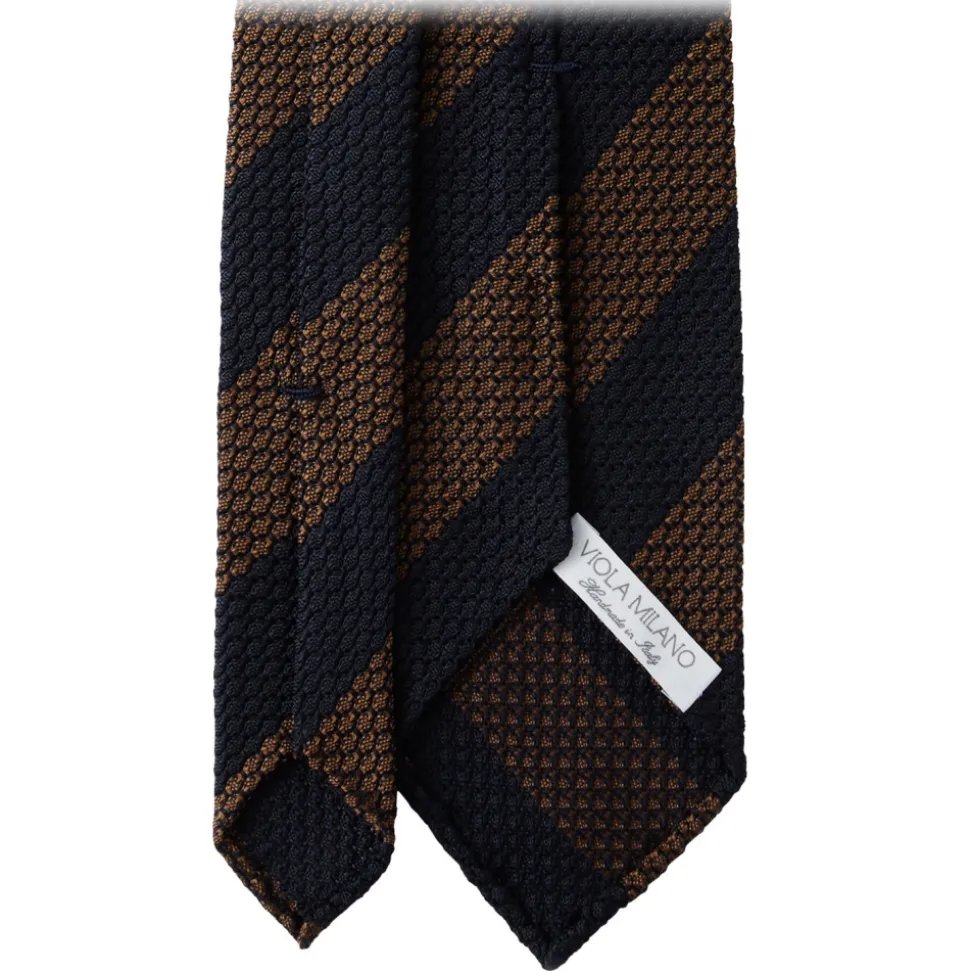 Viola Milano - Classic Stripe 3-Fold Grenadine Tie - Navy/Brown - Handmade in Italy - Luxury Exclusive Collection - Avvenice