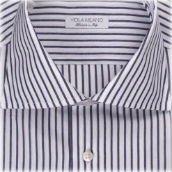 Viola Milano - Classic Stripe Cut-Away Collar Dress Shirt - Midnight/White LL - Handmade in Italy - Luxury Exclusive Collection - Avvenice