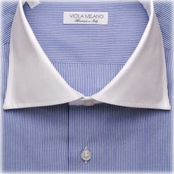Viola Milano - Contrast Collar Cut-Away Collar Shirt - Navy/White Striped - Handmade in Italy - Luxury Exclusive Collection - Avvenice