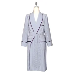 Viola Milano - Loro Piana Seersucker Dressing Gown - Sea and White - Handmade in Italy - Luxury Exclusive Collection - Avvenice