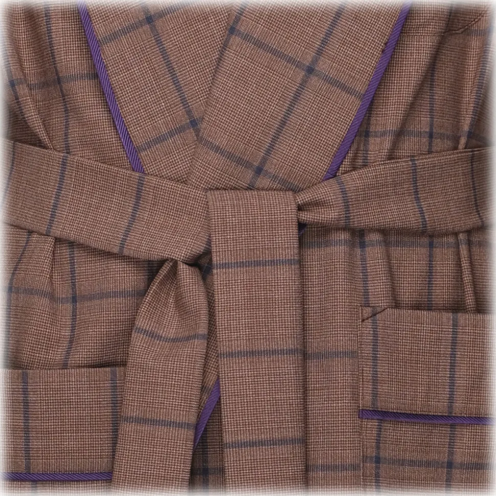 Viola Milano - Loro Piana Wool and Silk Dressing Gown - Coffee Glencheck - Handmade in Italy - Luxury Exclusive Collection - Avvenice