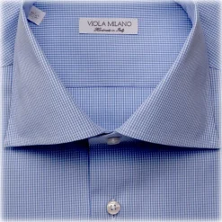 Viola Milano - Micro Check Cut-Away Collar Dress Shirt - Blue/White - Handmade in Italy - Luxury Exclusive Collection - Avvenice