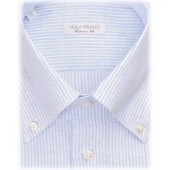 Viola Milano - Micro Stripe 100% Linen Button-Down Collar Shirt - Blue/White - Handmade in Italy - Luxury Exclusive Collection - Avvenice