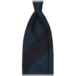 Viola Milano - Raw Block Stripe 3-Fold Grenadine Tie - Denim/Sea - Handmade in Italy - Luxury Exclusive Collection - Avvenice