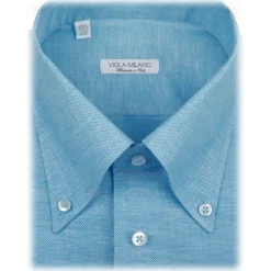 Viola Milano - Solid Carlo Riva Oxford/Linen Button-Down Shirt - Sea - Handmade in Italy - Luxury Exclusive Collection - Avvenice