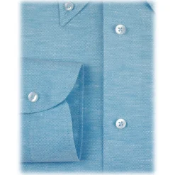 Viola Milano - Solid Carlo Riva Oxford/Linen Button-Down Shirt - Sea - Handmade in Italy - Luxury Exclusive Collection - Avvenice