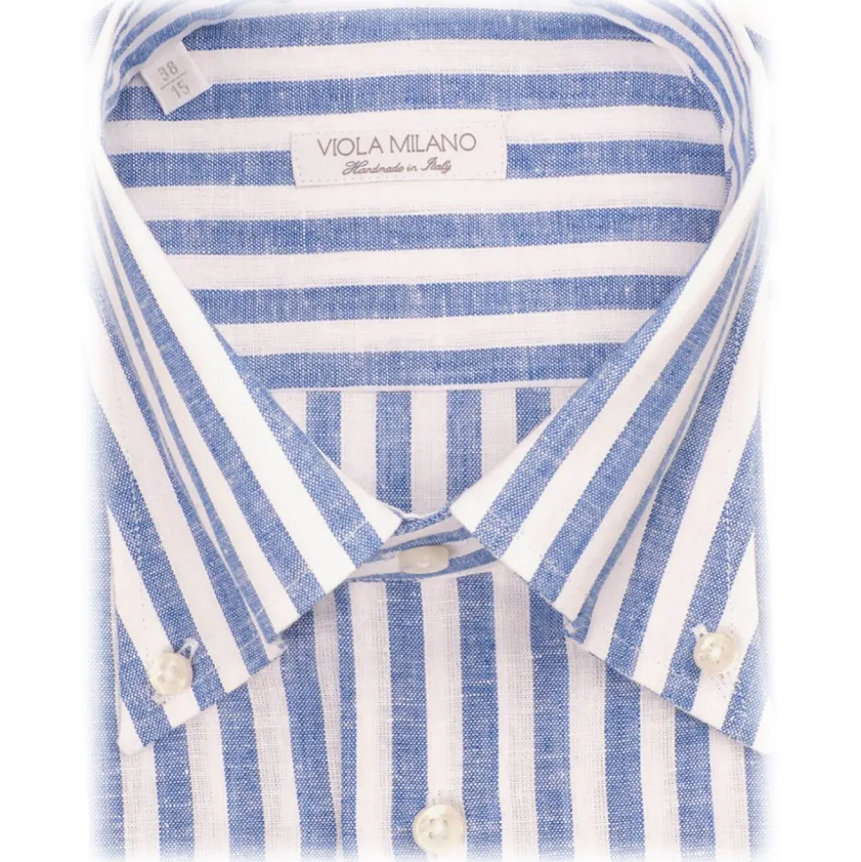 Viola Milano - Stripe 100% Linen Button-Down Collar Shirt - Sea/White - Handmade in Italy - Luxury Exclusive Collection - Avvenice