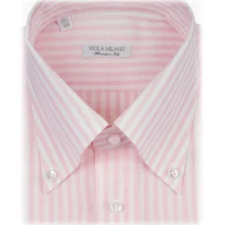 Viola Milano - Stripe Carlo Riva 100% Linen Button-Down Shirt - Pink Stripe - Handmade in Italy - Luxury Exclusive Collection - Avvenice