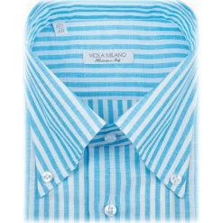 Viola Milano - Stripe Carlo Riva 100% Linen Button-Down Shirt - Turquoise - Handmade in Italy - Luxury Exclusive Collection - Avvenice