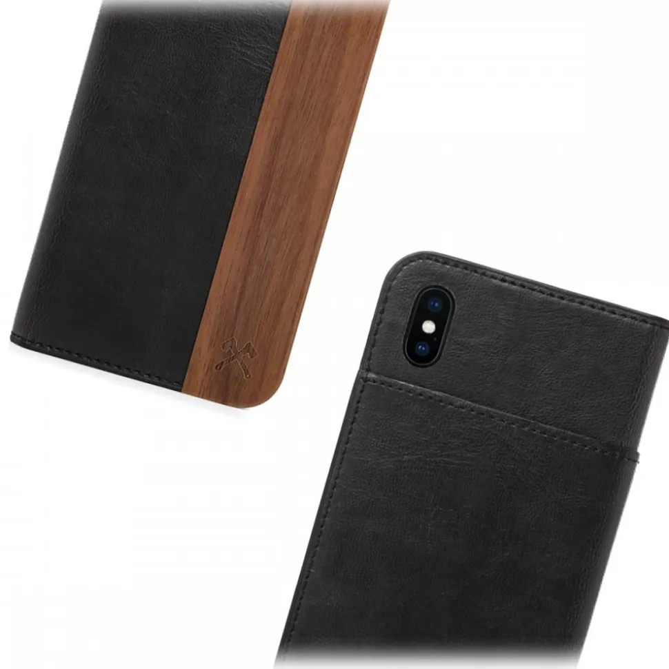 Woodcessories - Eco Wallet Flip Cover - Real Wood and Leather - Rich Walnut - iPhone X / XS - Eco Case - Flip Collection - Avvenice