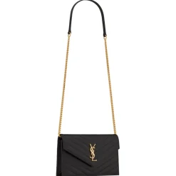 Yves Saint Laurent - Cassandre Envelope Chain Wallet in Grain De Poudre Leather - Black - Saint Laurent Exclusive Collection - Avvenice